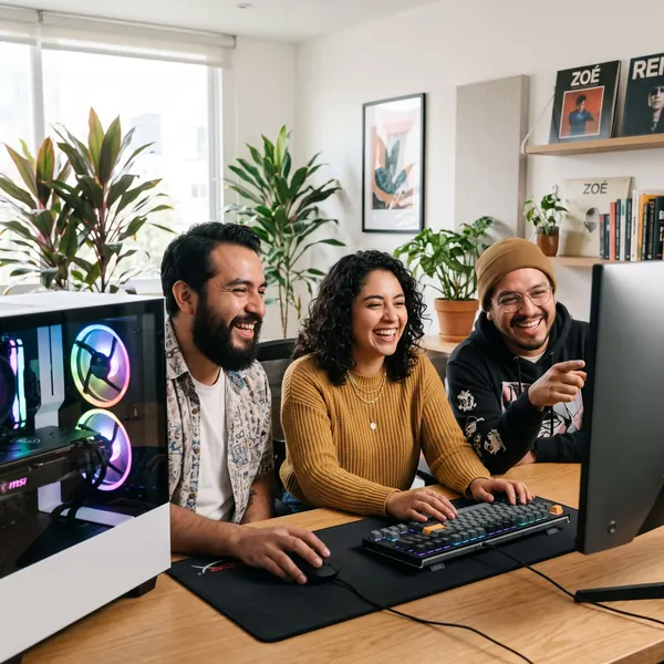 Tres amigos riendo juntos frente a una PC gamer