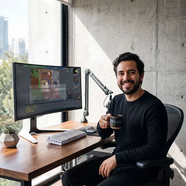 Un jugador sonriente con un café en la mano junto a su PC con Tibia abierto
